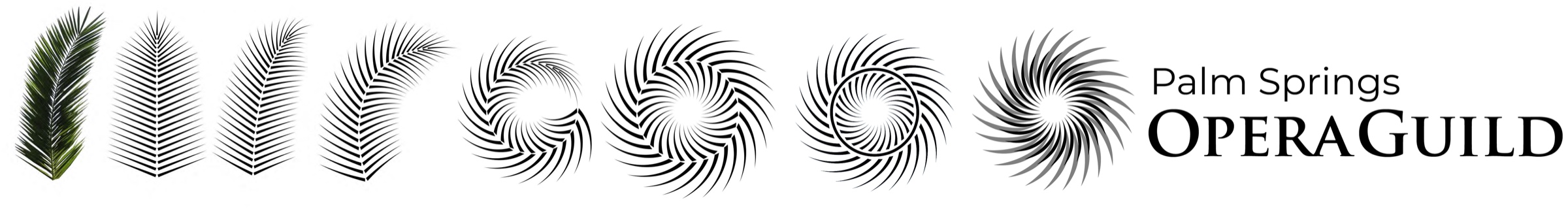 Eight-step derivation of the icon: a photographed palm frond is simplified to line ribs, curved, arranged radially, and tightened into a spiral sun beside the Opera Guild wordmark.