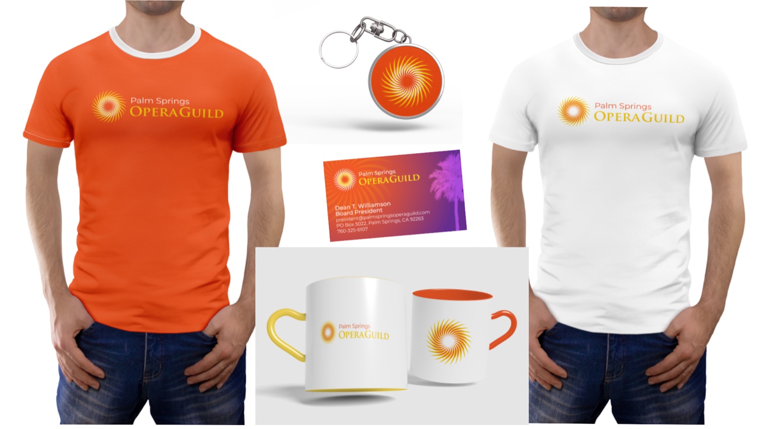 Branded merchandise: t-shirts, keychain, business card, and mug.