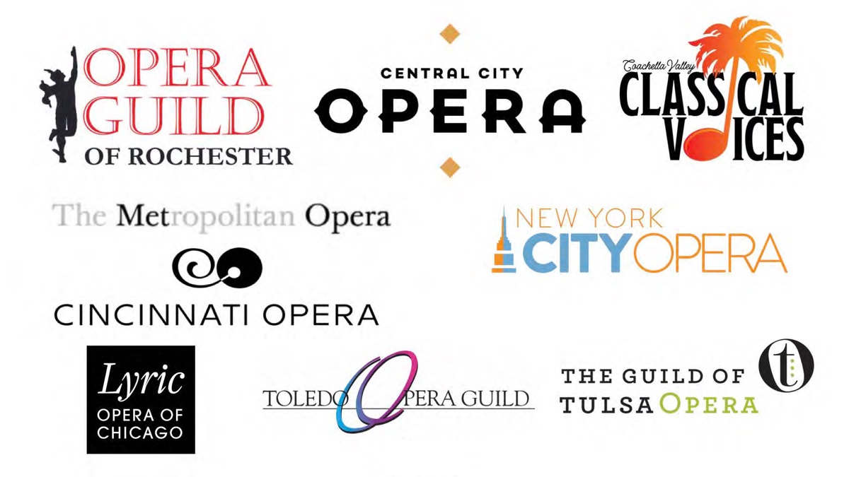 Reference board of wordmarks from other opera organizations, studied during research.