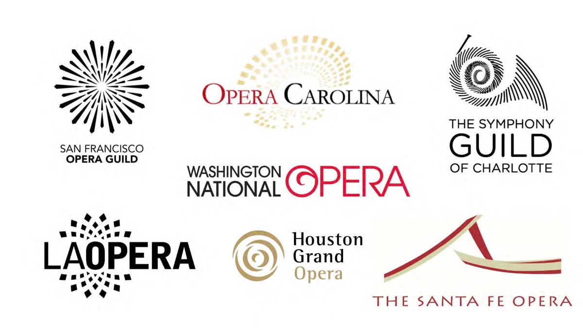 Reference board of name-and-icon lockups from other opera organizations.