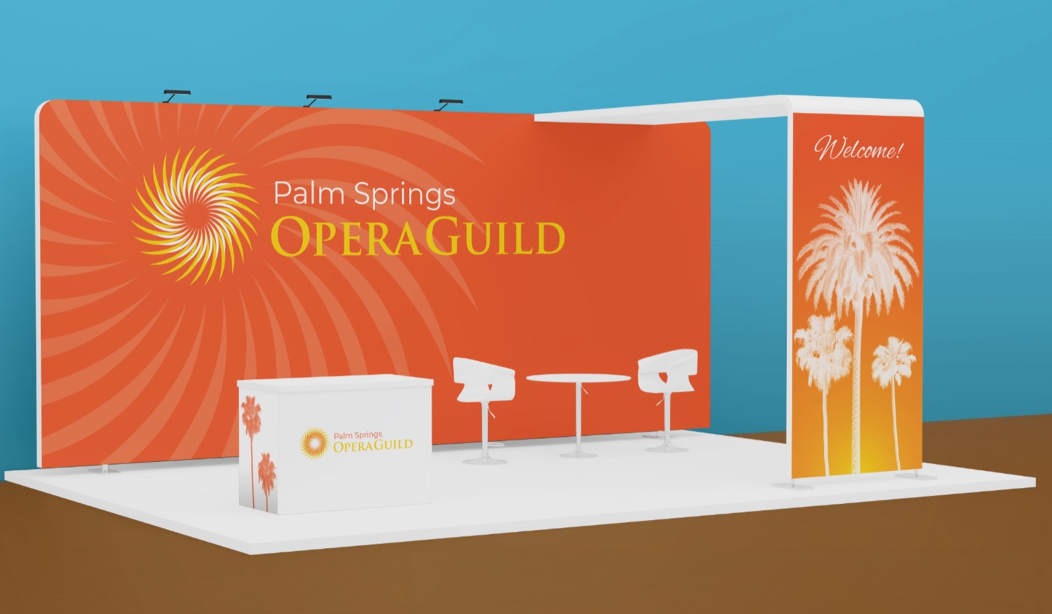 Trade show booth with branded backdrop, counter, and welcome banner.