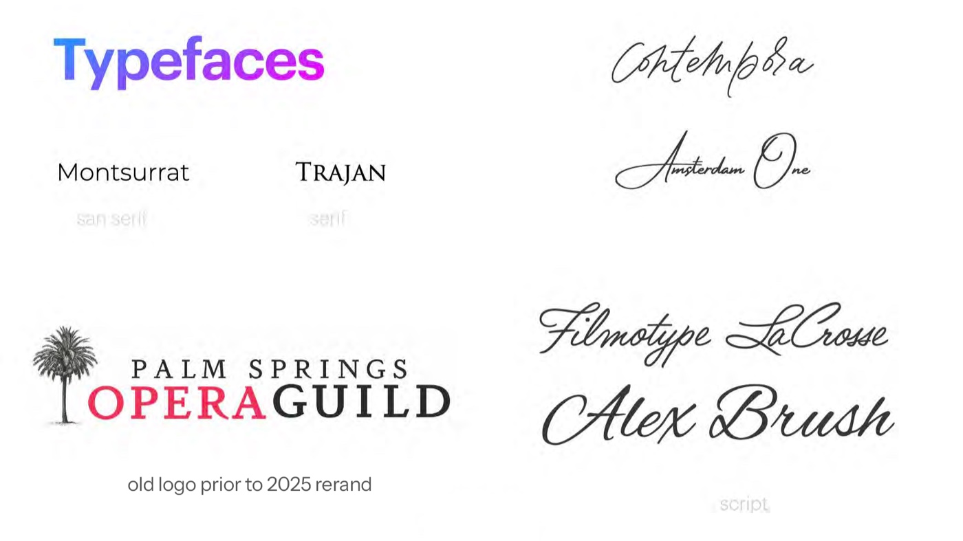 Typeface exploration: candidate serif, sans, and script faces shown beside the old logo.