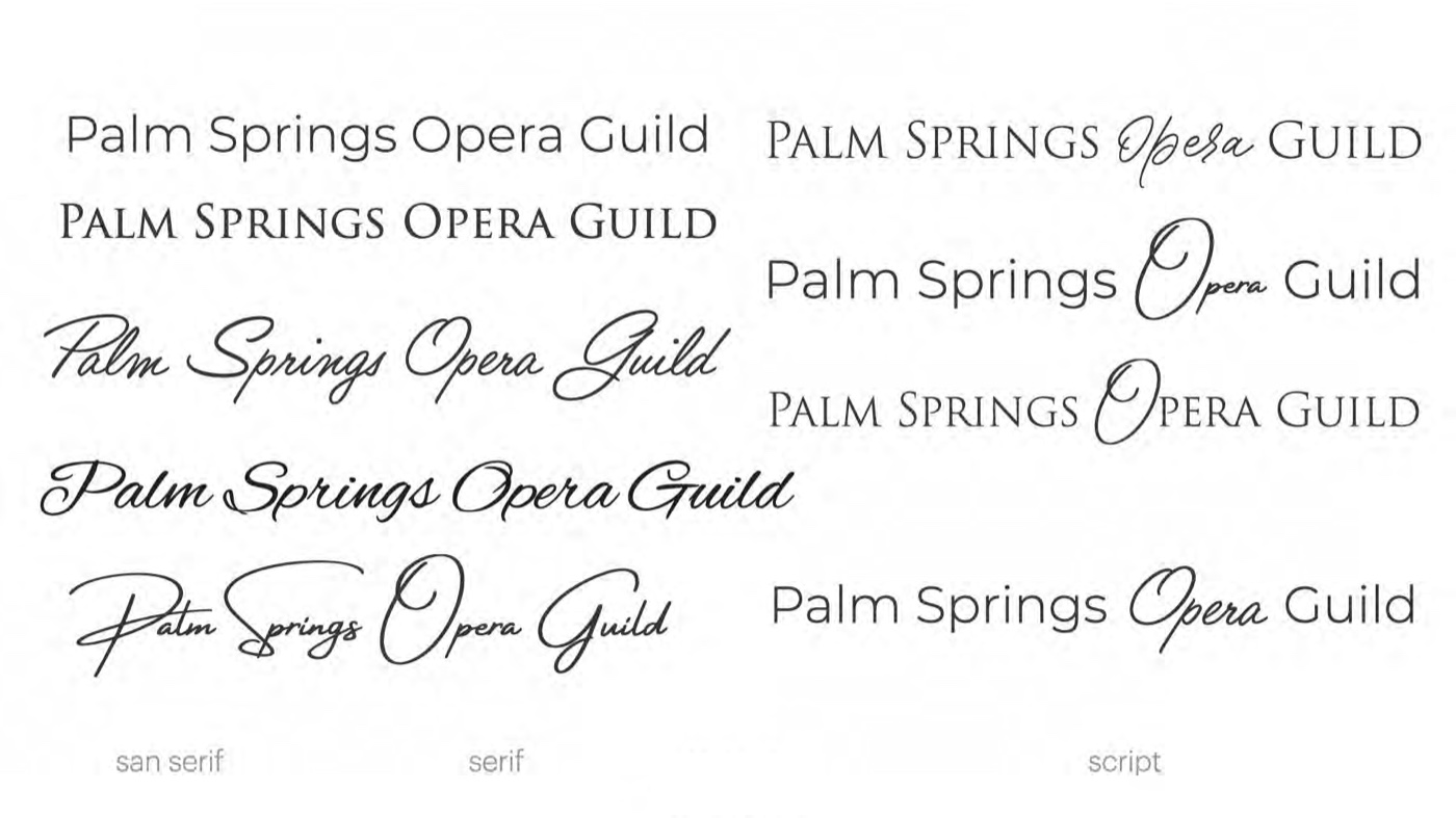 Wordmark lockup explorations setting the name in serif, sans, and script combinations.