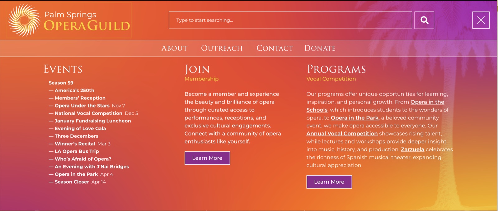 Site navigation and search overlay in the brand gradient.
