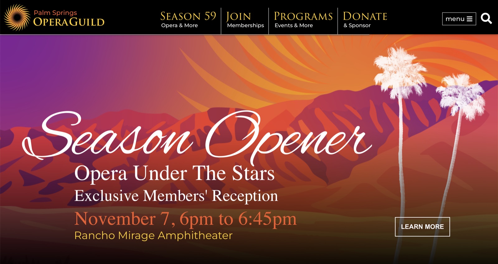 Palm Springs Opera Guild homepage hero: Season Opener, Opera Under the Stars, over a desert sunset.