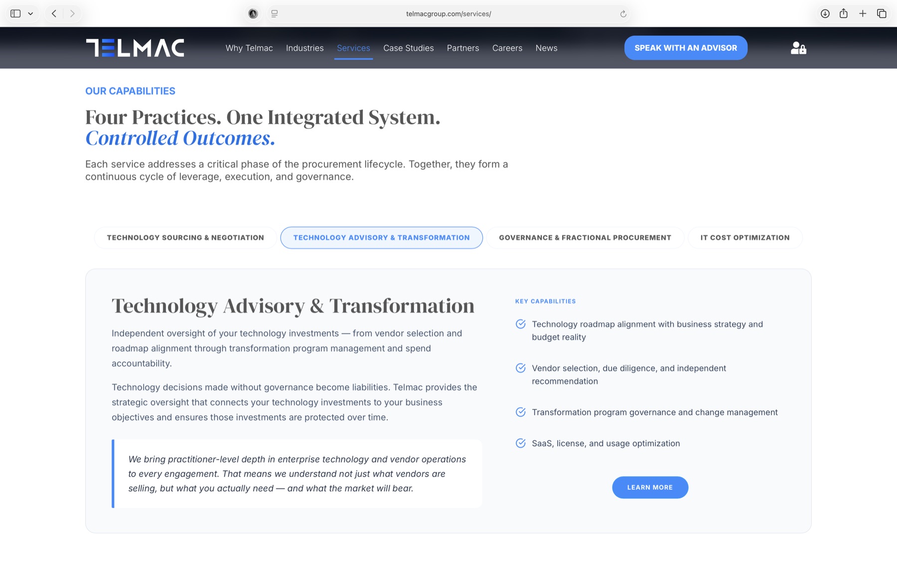 Telmac website, Services page